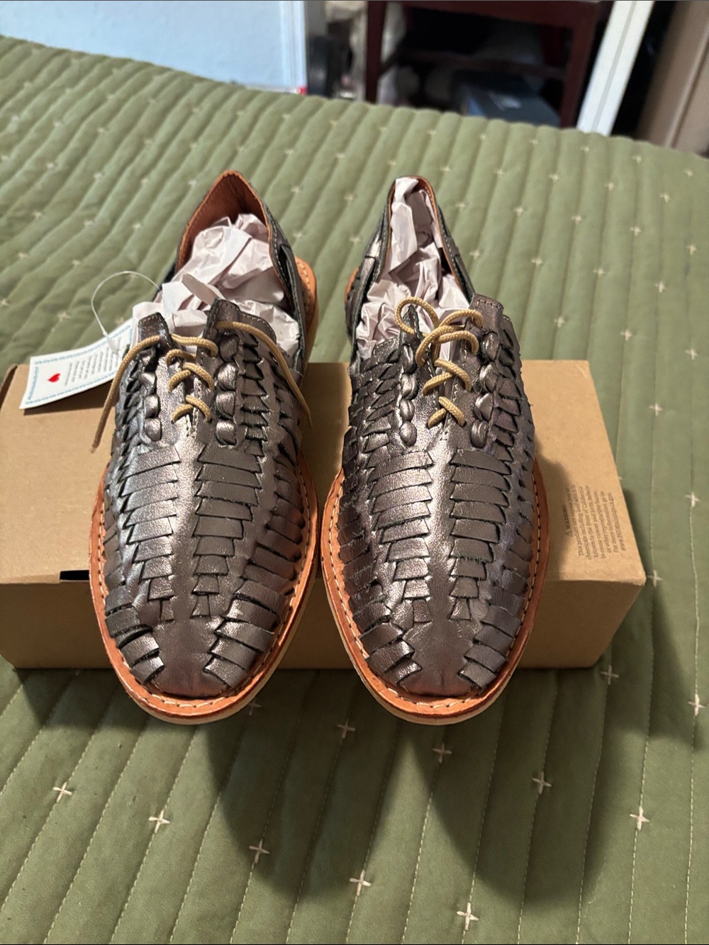 Sbicca Metallic Gray Woven Leather Loafers with Tan Trim